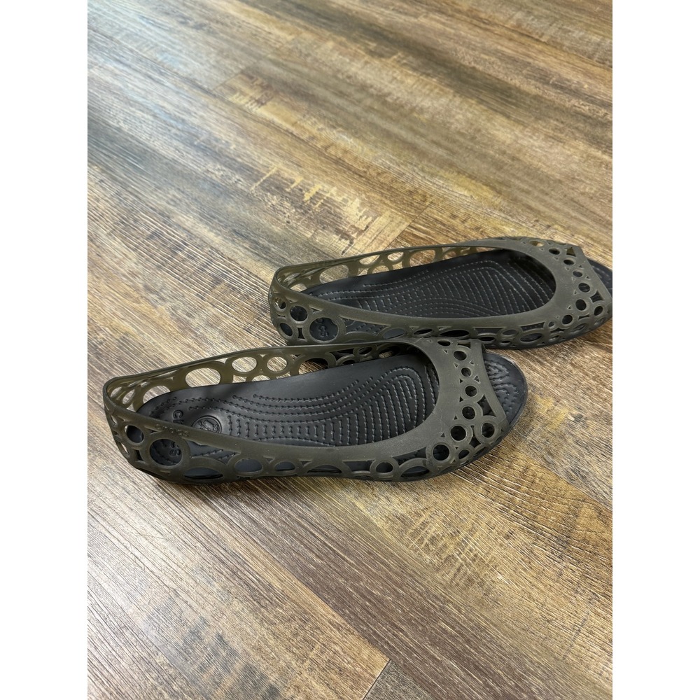 Crocs Adrina Peep Toe Flats Womens Size 9 Black Smoke Cutout Jelly Shoes - Picture 9 of 15